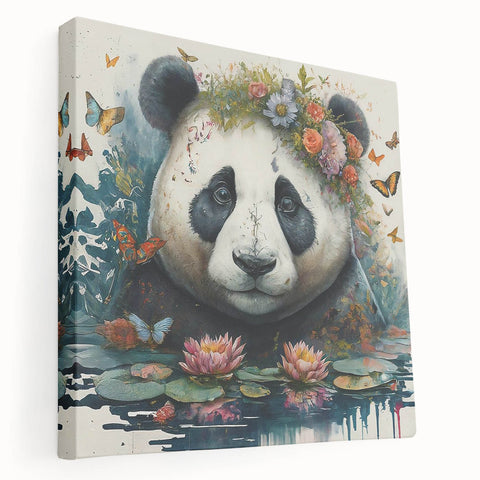 Stretched canvas wall art featuring a whimsical panda bear design, showcasing vibrant colors and playful details, ideal for children's room decor.