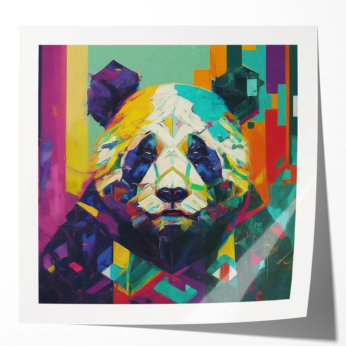 Colorful panda bear wall art print showcasing a whimsical design, ideal for children's rooms or playful decor, featuring vibrant colors and a glossy finish.
