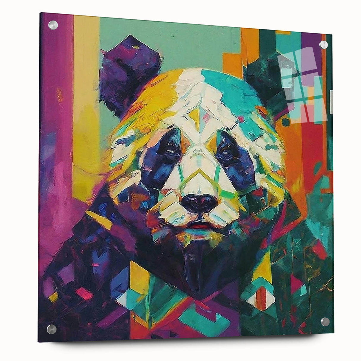Acrylic wall art collection showcasing a panda bear design, displayed in a side view with visible pins for mounting. The vibrant colors and playful character add a whimsical touch to any room decor. Perfect for animal lovers looking to enhance their space with unique art.