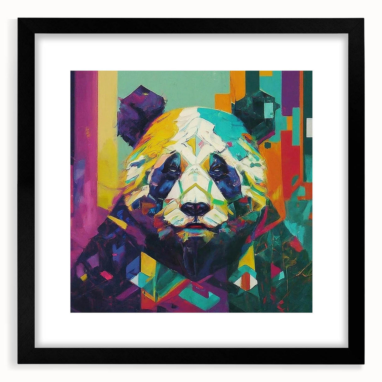 Black-framed wall art featuring a charming panda bear design, set against a colorful background, perfect for children's room decor or playful spaces.
