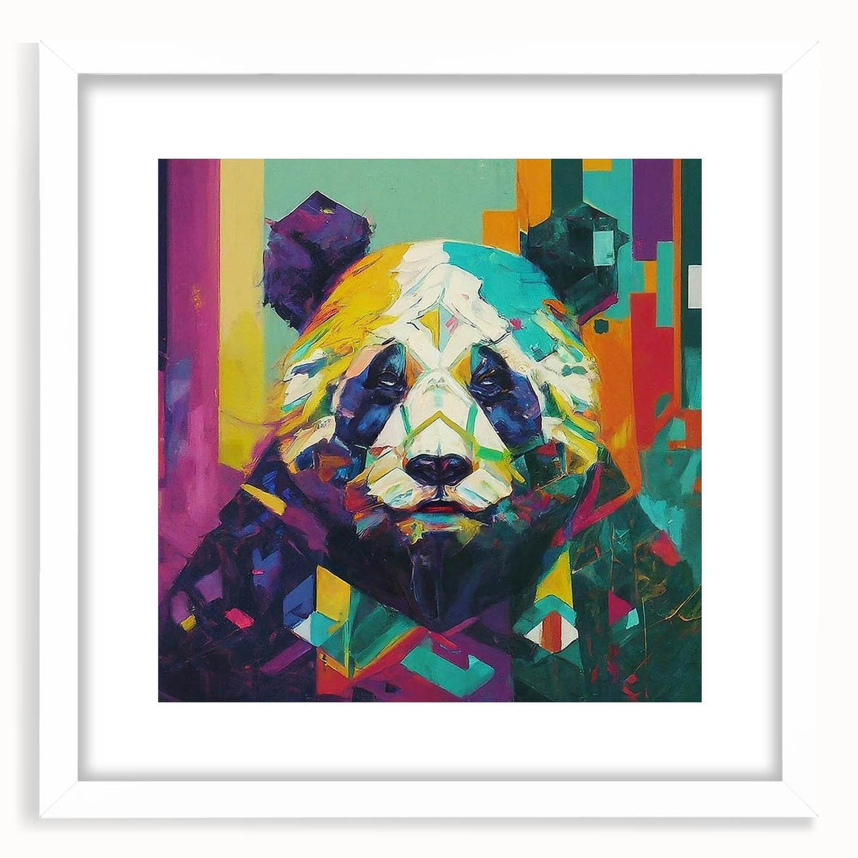 Framed wall art featuring a whimsical panda bear design, showcased in a sleek white frame with matting, perfect for children's rooms or playful decor.