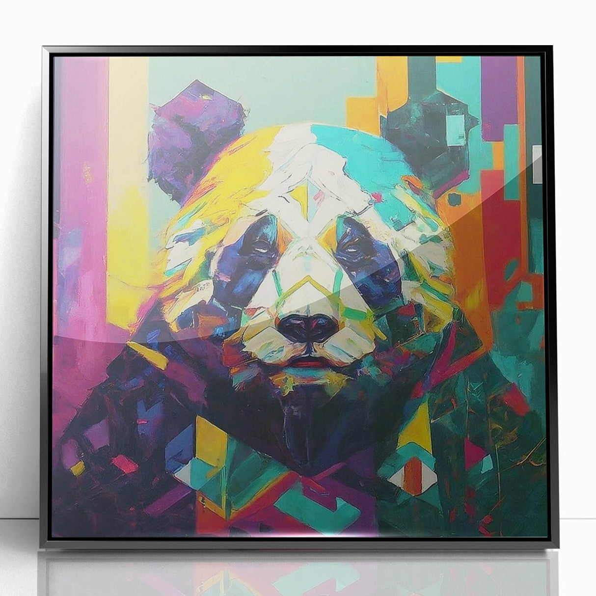 Framed acrylic wall art showcasing a whimsical panda bear design, featuring vibrant colors and playful details, perfect for children's room decor or animal-themed spaces.