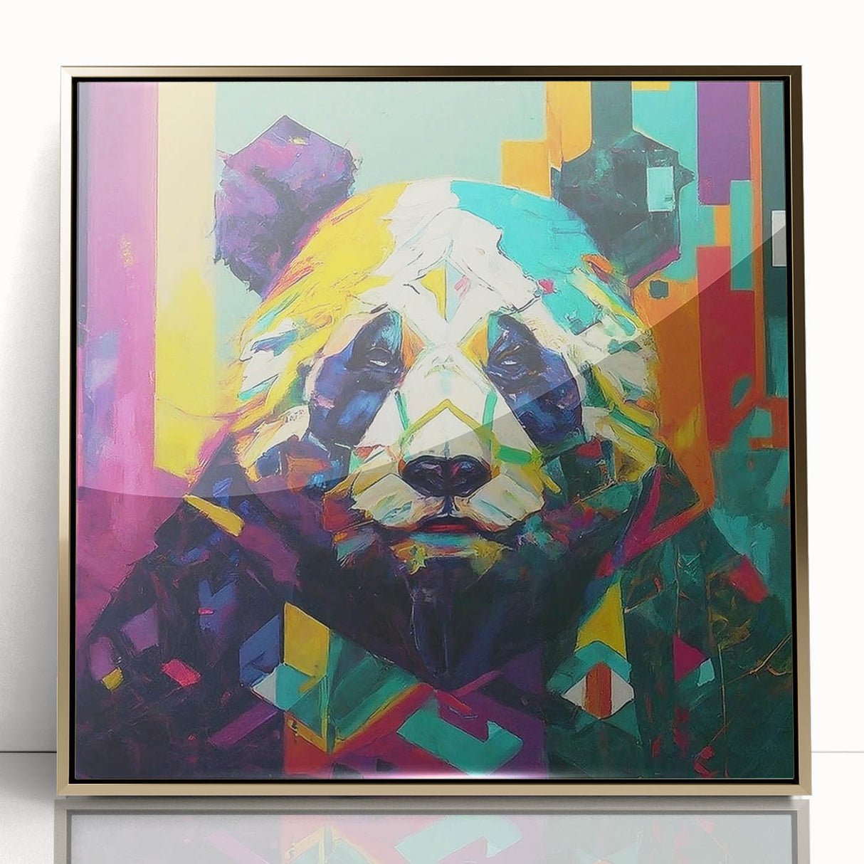 Framed wall art featuring a playful panda design with a gold-acrylic finish, ideal for adding a whimsical touch to children's rooms and modern decor.