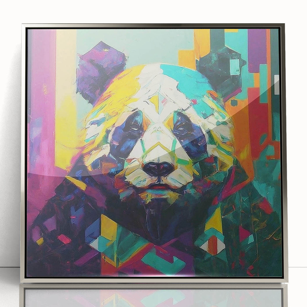 Framed wall art showcasing a panda bear design in a sleek silver frame, highlighted by an acrylic front for a modern touch, perfect for animal lovers' decor.