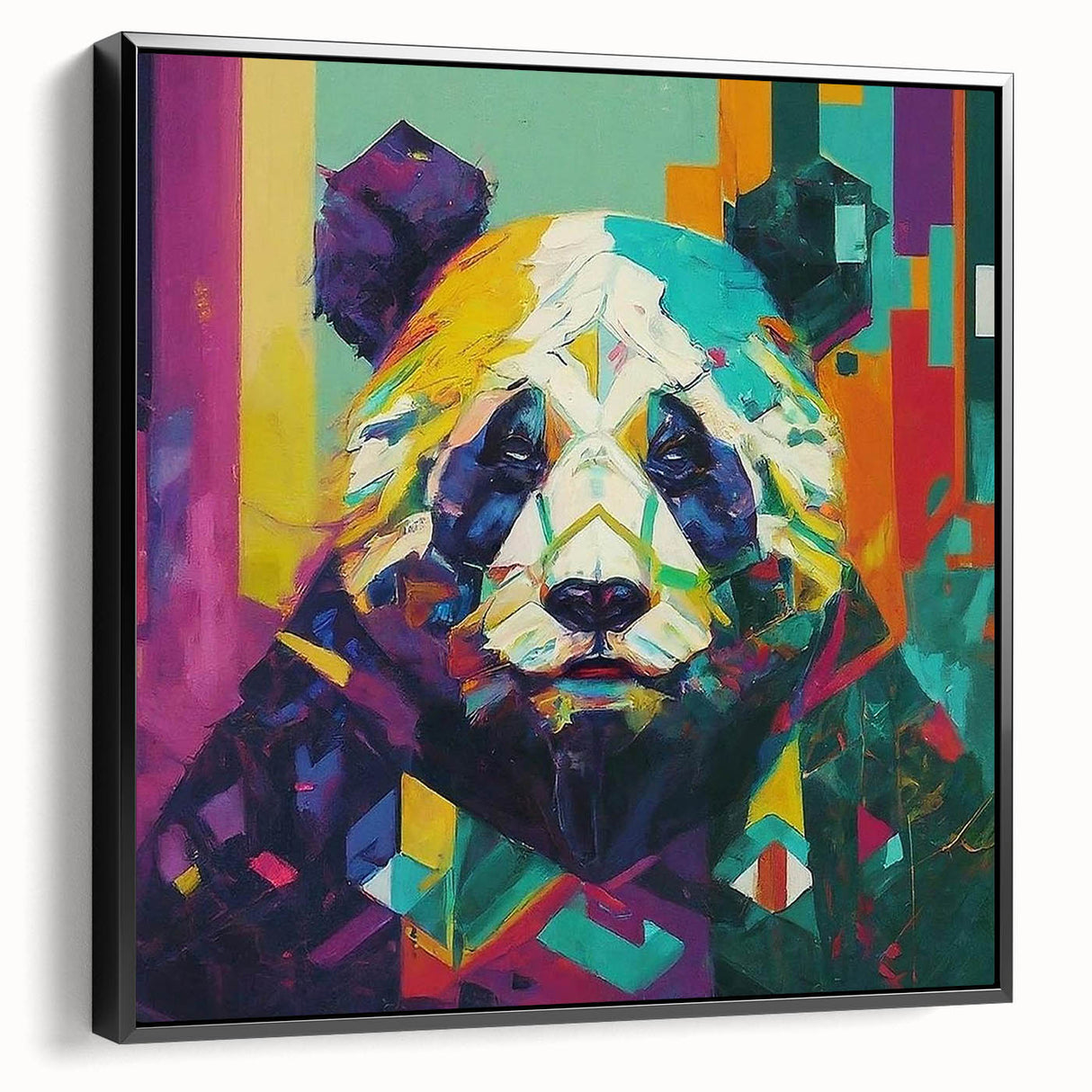 Framed canvas wall art showcasing a bear and panda design, elegantly displayed from the side, featuring a sleek black frame that complements modern decor. Ideal for animal lovers and contemporary interiors.