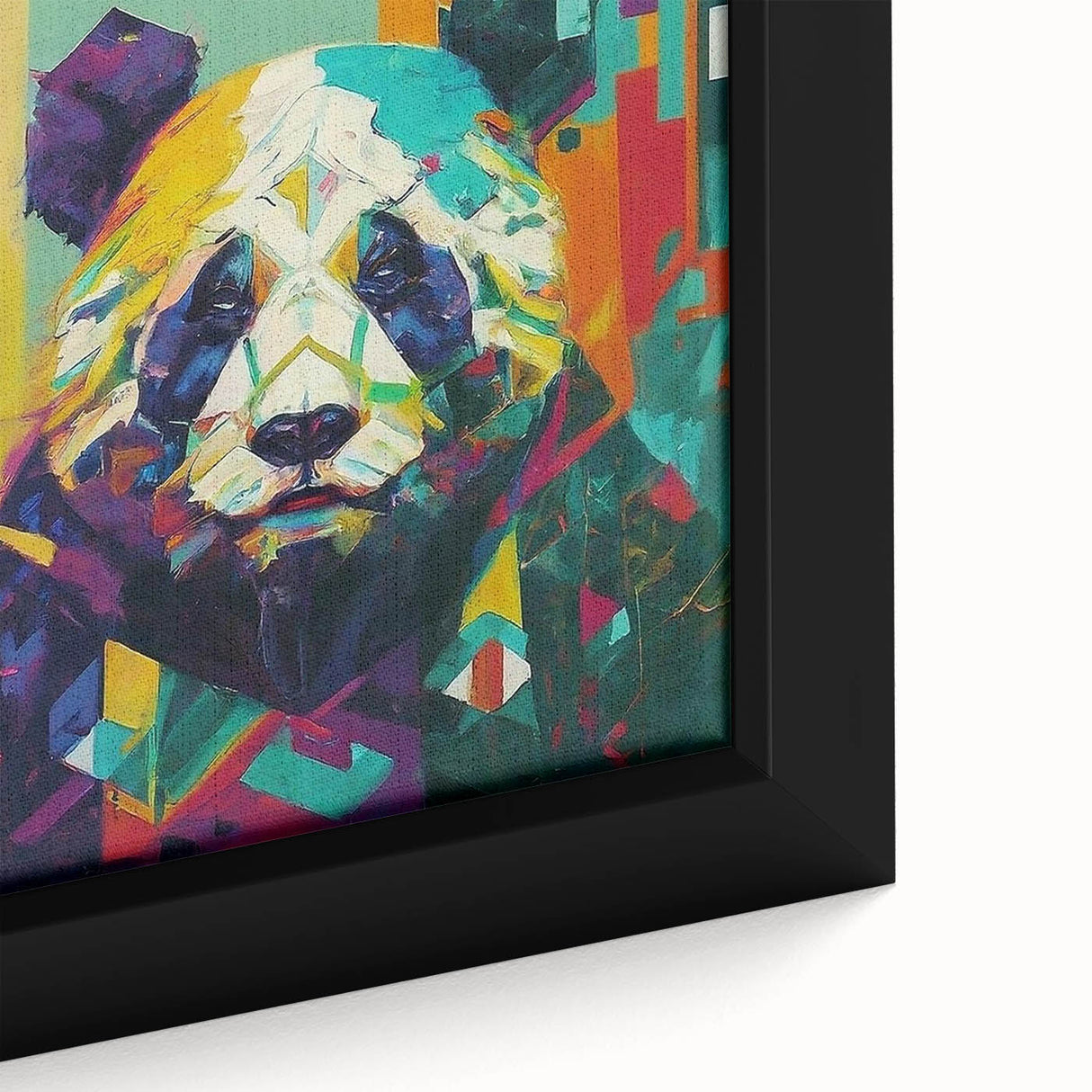 Close-up of a framed canvas featuring a whimsical panda bear design in a vibrant color palette, perfect for children's room decor or playful art collections.