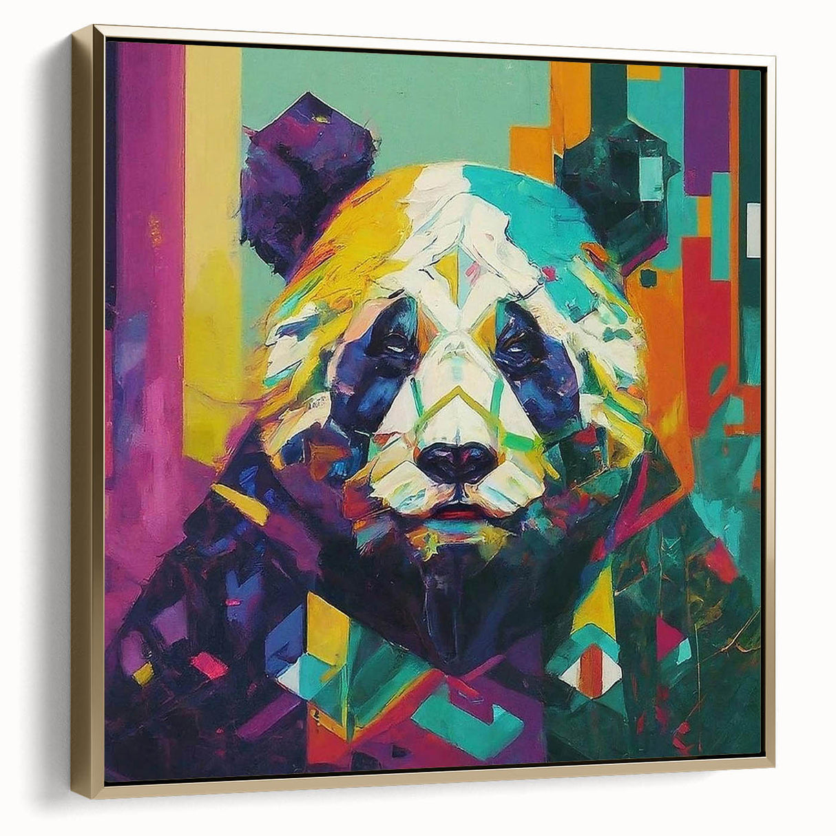 Framed panda bear wall art in a stylish gold frame, showcasing a vibrant design on canvas, perfect for enhancing modern home decor. Ideal for animal lovers.