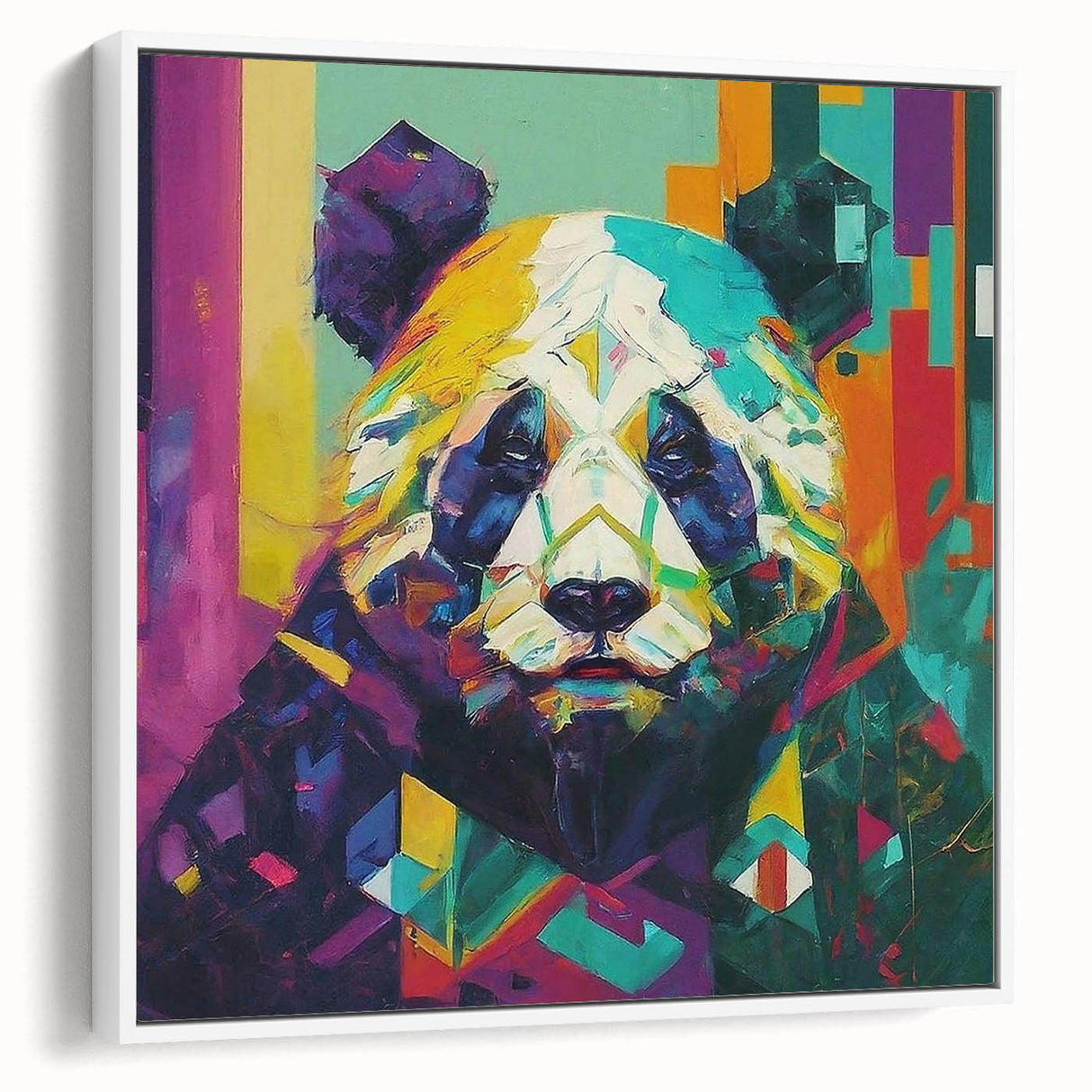 Framed canvas wall art displaying a playful panda bear design in a modern white frame, ideal for children's room decor. The artwork features vibrant colors and a whimsical style, perfect for adding a cheerful touch to any space.