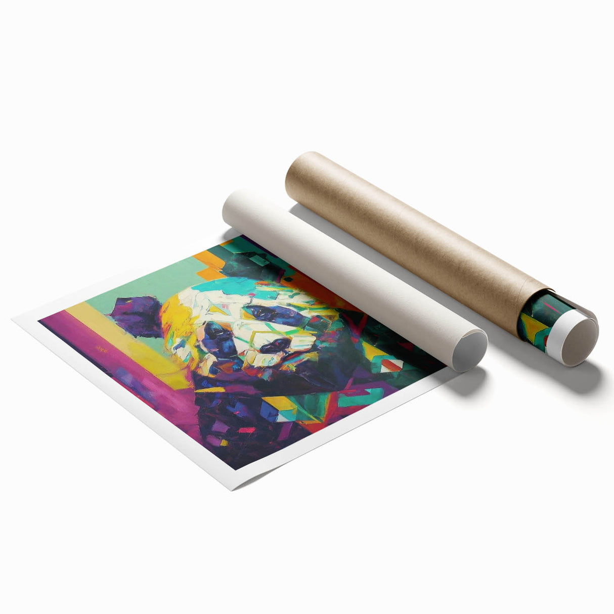 Rolled print of a whimsical panda bear wall art design featuring vibrant colors and playful elements, perfect for children's decor or playful spaces.