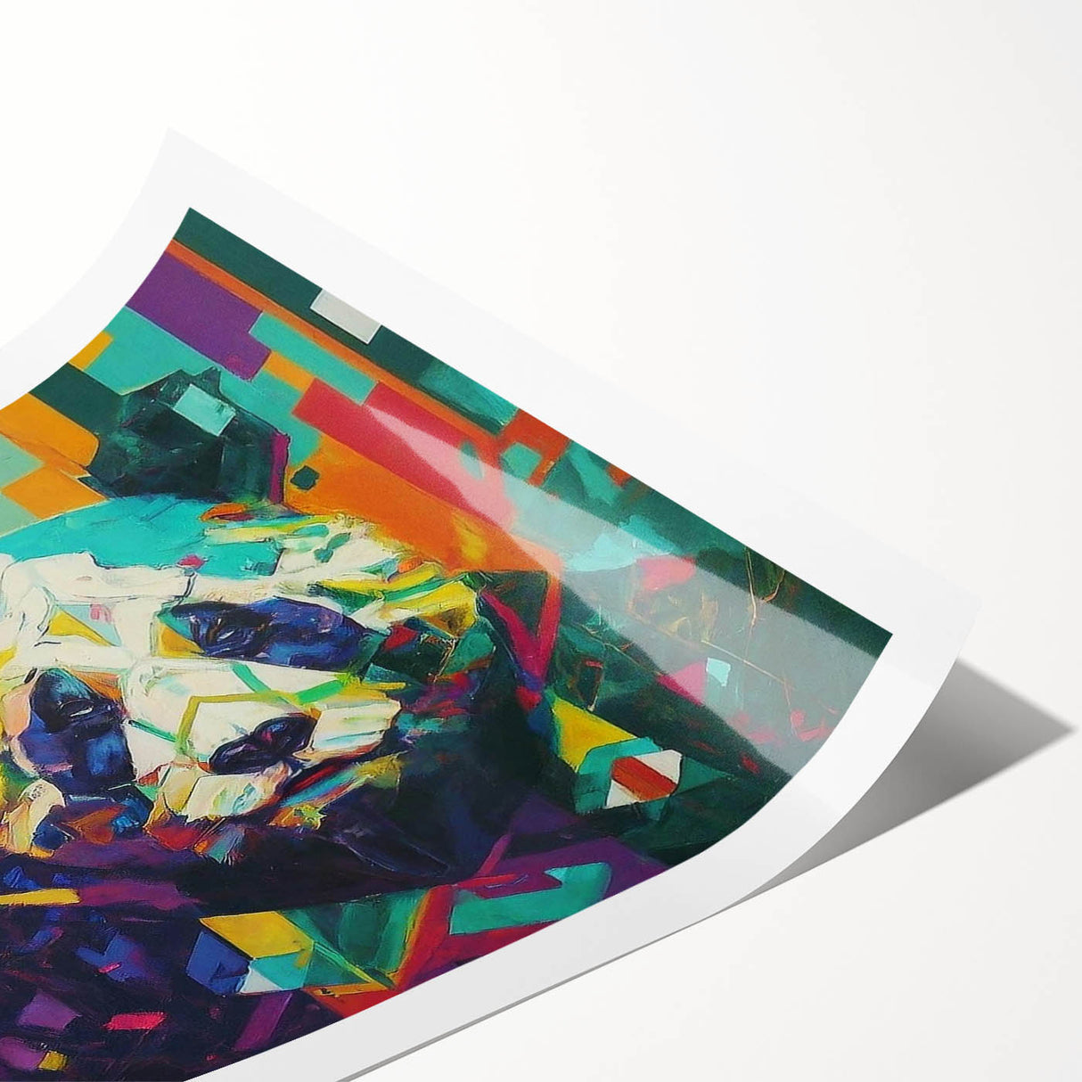 Colorful panda bear wall art print featuring a whimsical design with vibrant colors, rolled up for easy framing and display, ideal for children's rooms or playful decor.