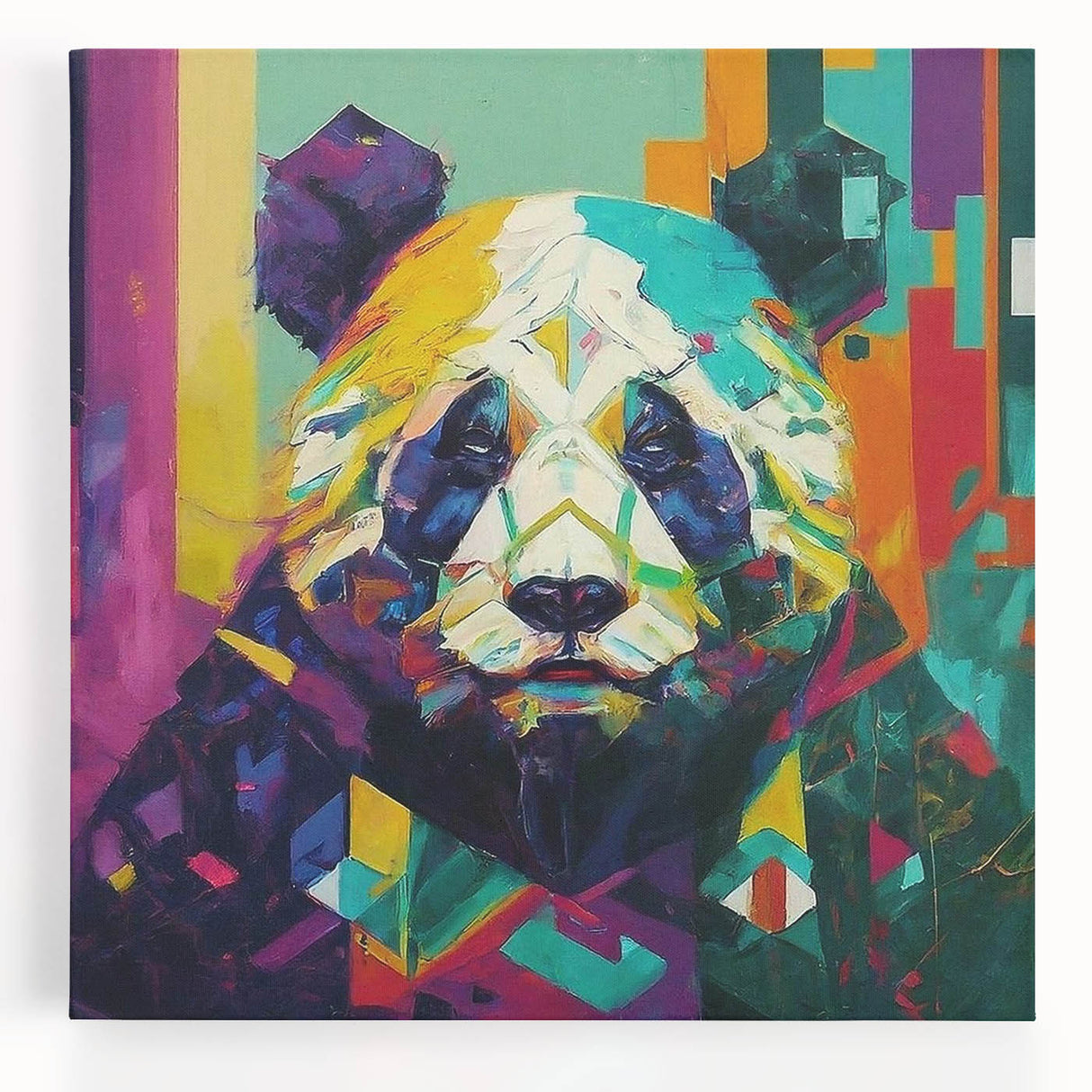 Charming panda bear wall art on stretched canvas with vibrant colors, showcasing a playful design in a modern setting, perfect for children's room decor.