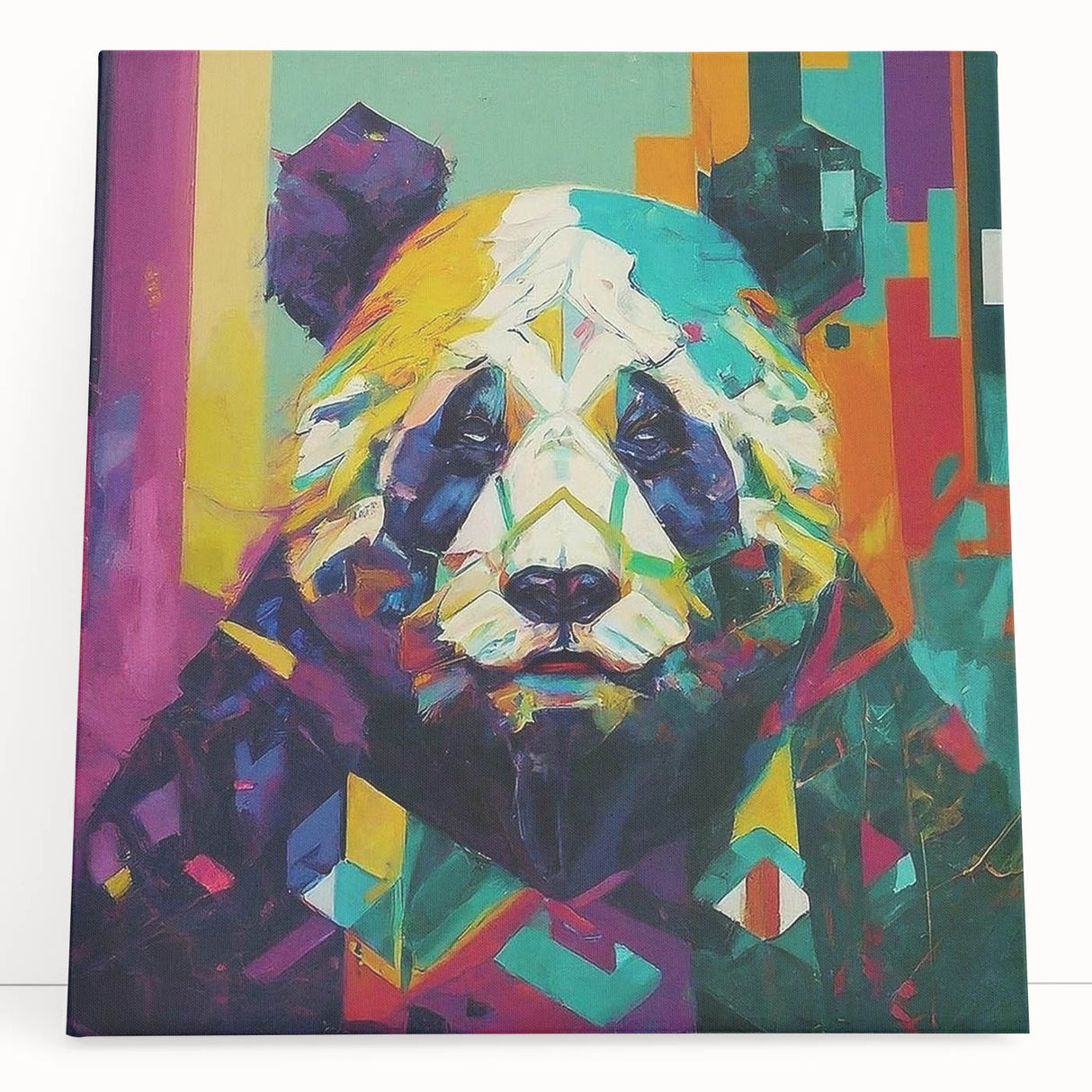 Panda bear wall art design on stretched canvas, showcasing vibrant colors and whimsical details, perfect for children's room decor or playful spaces.