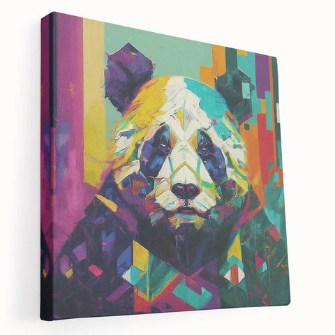 Stretched canvas wall art featuring a playful panda bear design, showcasing vivid colors and a whimsical style, perfect for children's rooms or playful decor.