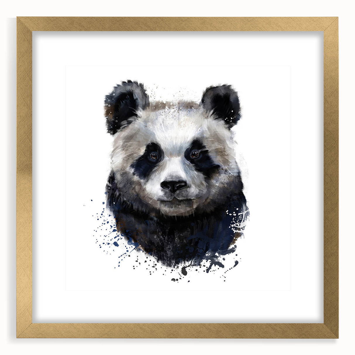 Framed wall art featuring a playful panda bear design with a gold border, ideal for children's room decor, showcasing vibrant colors and whimsical details.