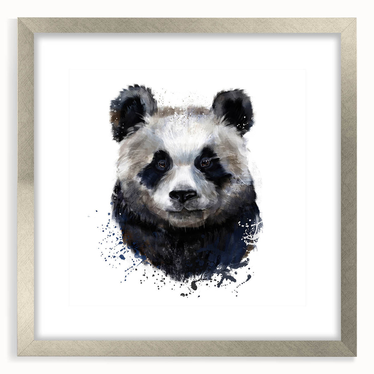 Panda bear wall art design framed in silver with a mat, showcasing a charming and playful aesthetic suitable for children's rooms or playful decor themes.