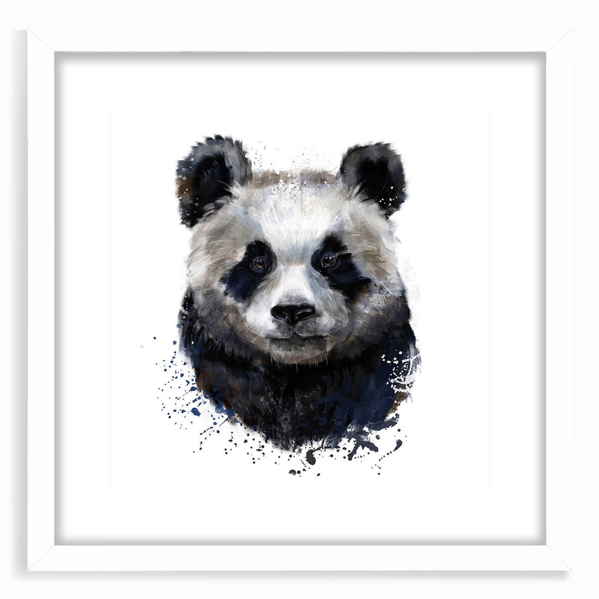 Panda bear wall art collection framed in white, showcasing adorable panda designs with a modern aesthetic, perfect for children's rooms or nursery decor.