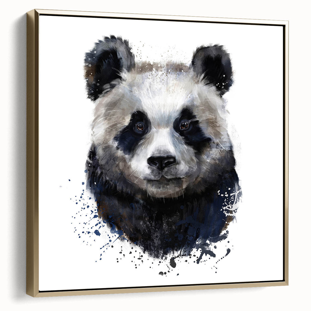 Framed wall art featuring a panda bear design on canvas with a gold frame, showcasing a playful panda in a lush green setting, ideal for children's room decor.