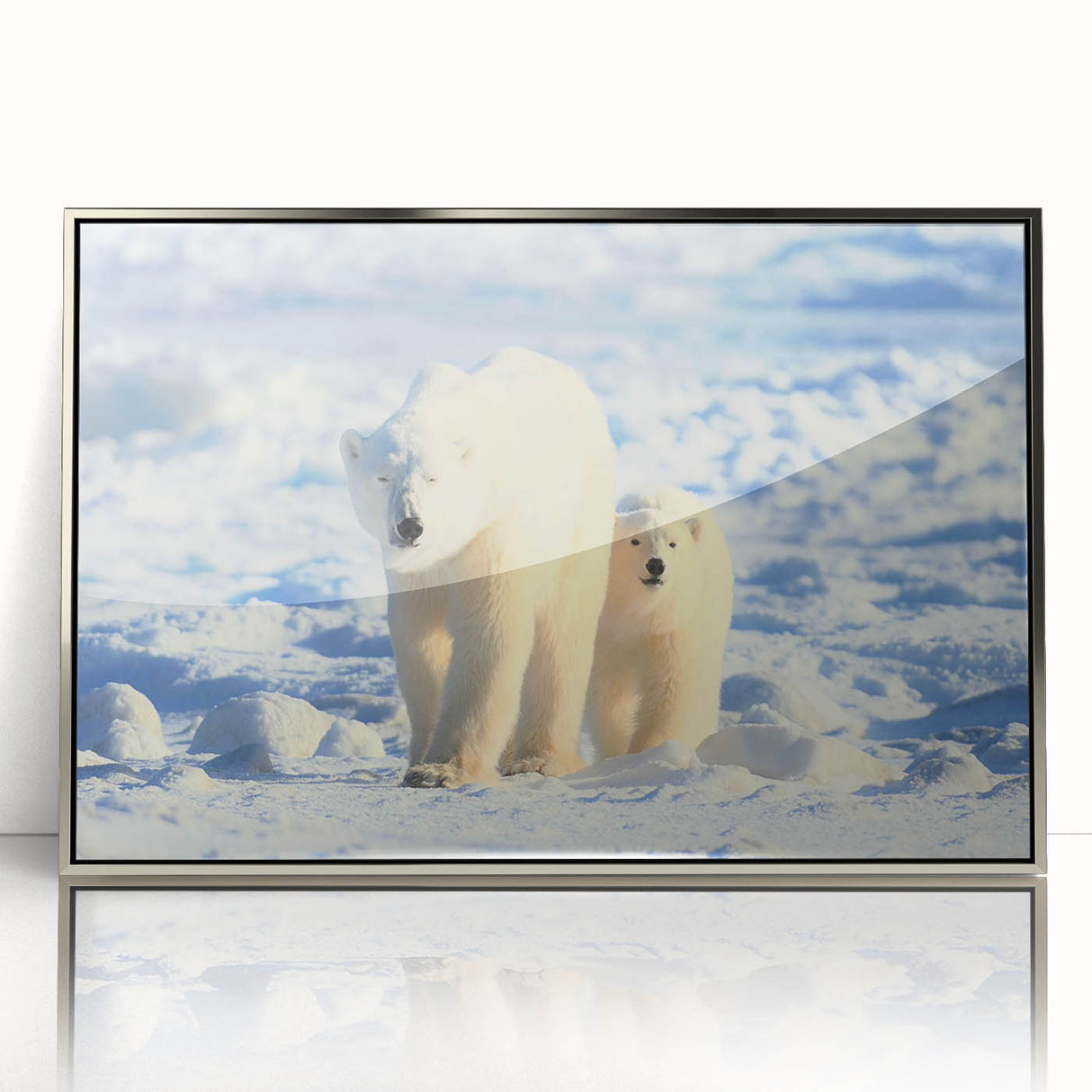 Framed wall art featuring a striking polar bear design in silver acrylic, showcasing intricate details and a modern aesthetic, perfect for animal lovers and home decor enthusiasts.