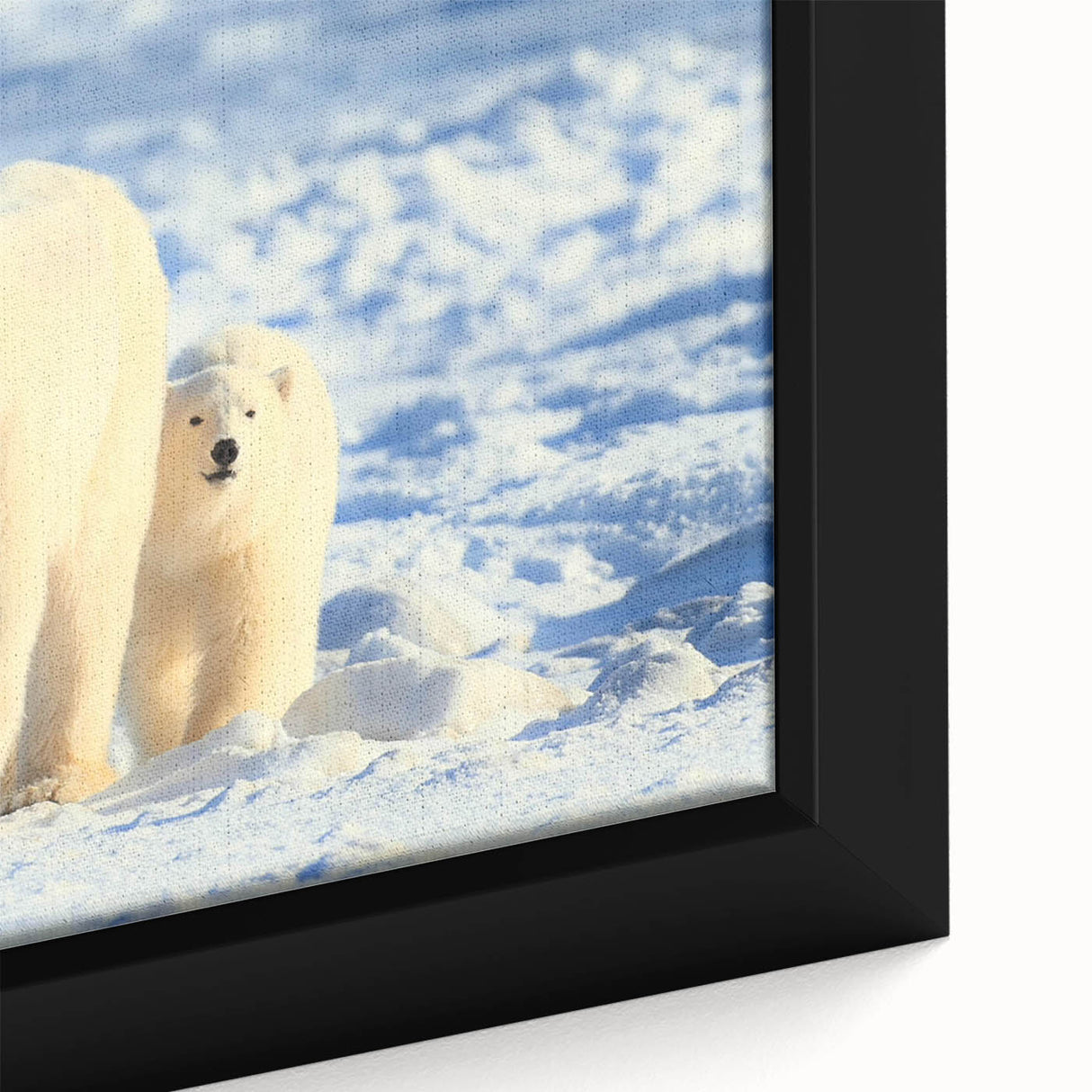 Close-up of a framed polar bear wall art piece, showcasing intricate details and vibrant colors on canvas, perfect for wildlife-themed home decor.