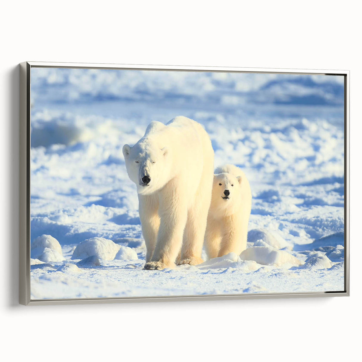 Framed wall art featuring a polar bear design, showcasing a silver frame and side view, ideal for adding a modern touch to home decor or wildlife-themed spaces.