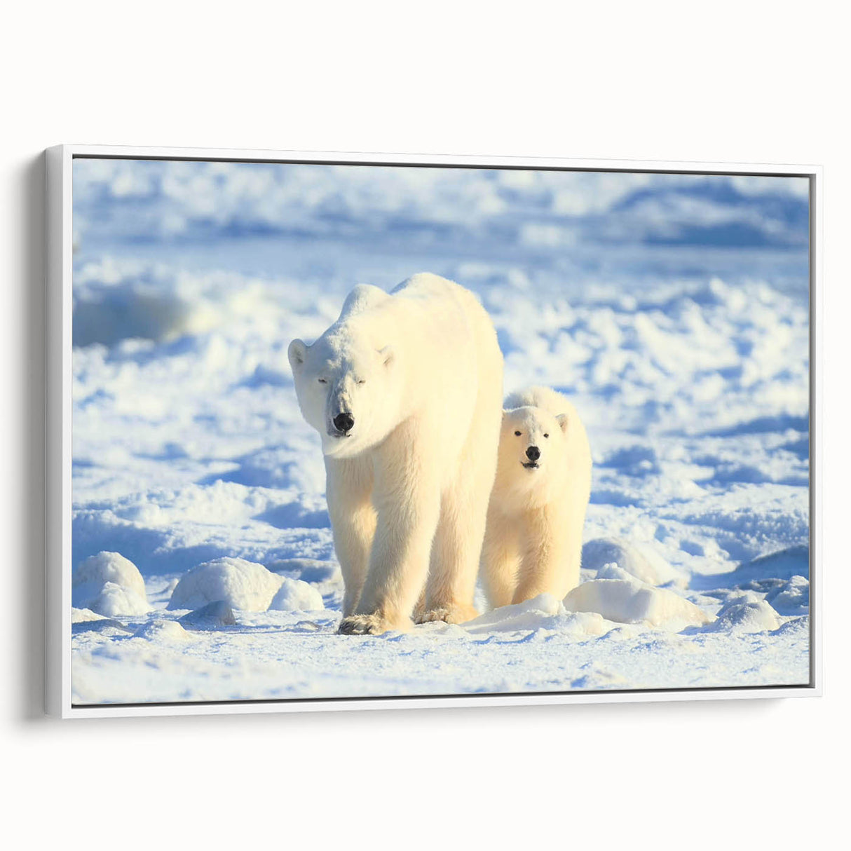 Framed canvas wall art showcasing an elegant polar bear design in a minimalist style, featuring a white background and side view perspective, perfect for modern home decor.
