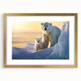 Elegant polar bear wall art design in a gold-framed collection, showcasing a serene front view with a white mat, perfect for enhancing modern home decor.