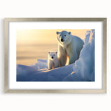 Polar bear wall art framed in silver with a mat, showcasing a detailed design of a majestic polar bear, ideal for enhancing home decor with a nature theme.