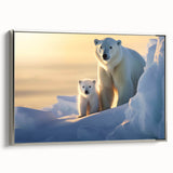 Framed canvas wall art featuring a striking polar bear design in silver tones, showcasing a side view that highlights its intricate details and textures, perfect for wildlife enthusiasts.