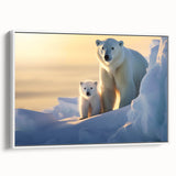 Framed canvas wall art featuring a polar bear design in a white frame, showcasing a side view that emphasizes the artwork's vibrant colors and fine details. Ideal for animal lovers and modern decor enthusiasts, this piece adds a touch of nature to any space.