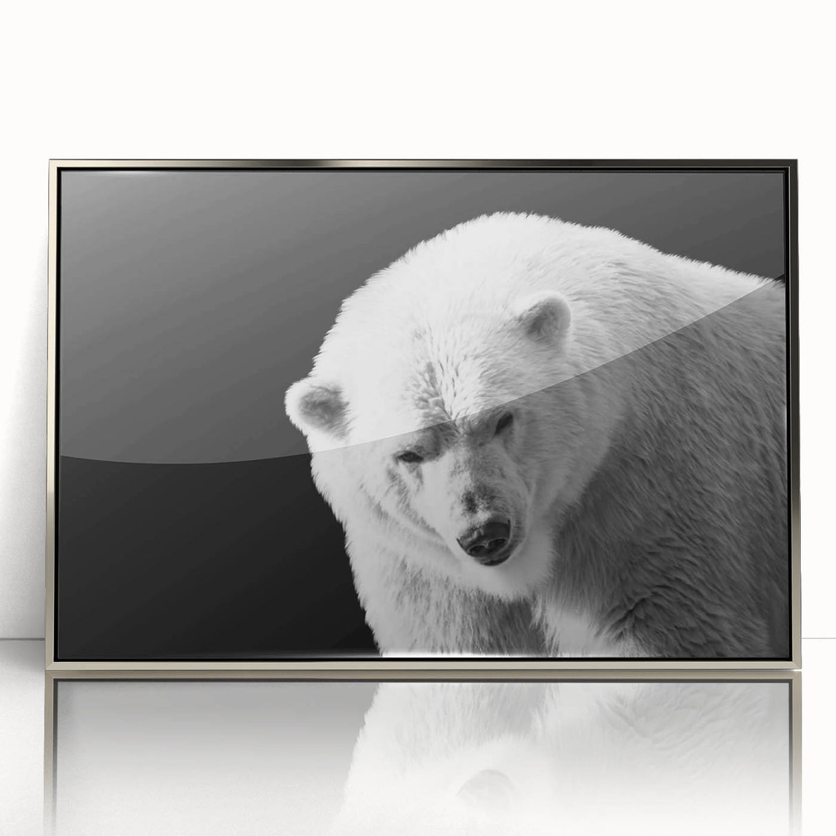 Framed wall art featuring a striking polar bear design in acrylic, showcasing intricate details and a sleek silver frame, perfect for modern home decor.