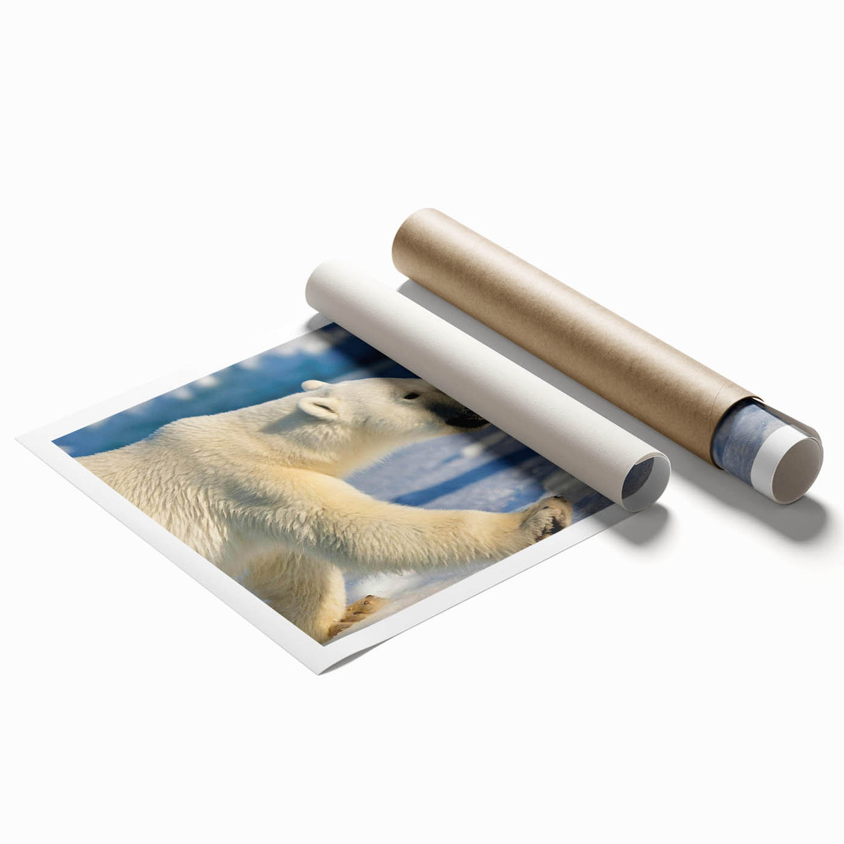 Polar bear wall art design featuring a majestic white polar bear against a serene snowy landscape, perfect for adding a touch of nature to home decor.