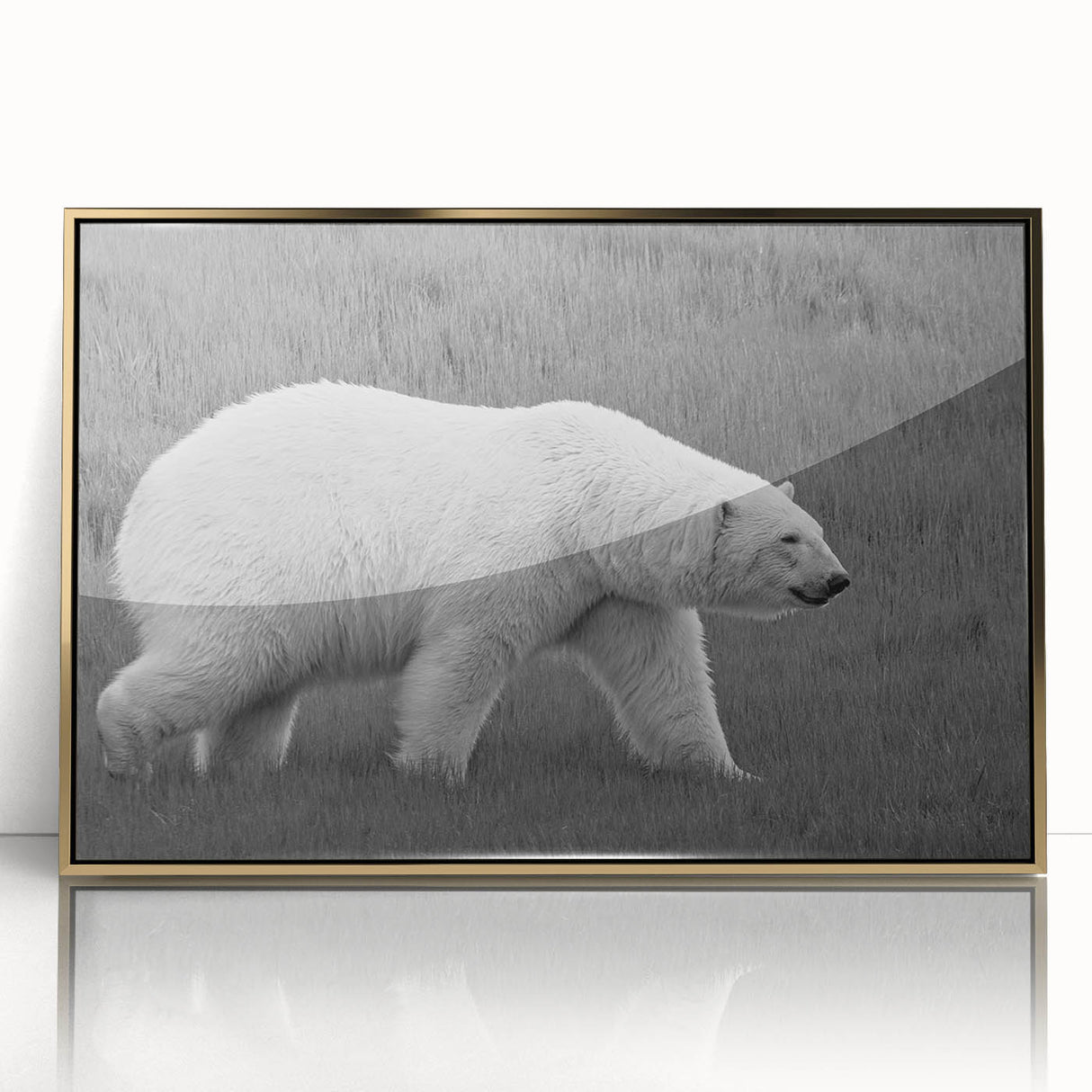 Framed wall art featuring a striking polar bear design with a gold-acrylic front, showcasing intricate details and textures, perfect for modern home decor.