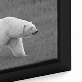 Close-up of a framed polar bear wall art piece, showcasing intricate design details and textures on canvas, perfect for modern home decor.