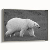 Framed canvas wall art showcasing a polar bear design with a silver frame. The artwork features a serene side view of the bear against a soft background, perfect for animal lovers and modern interior decor.