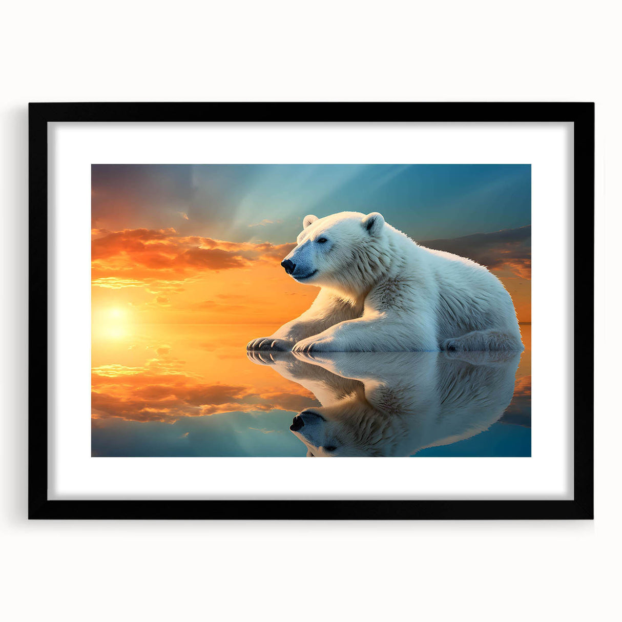 Framed wall art featuring a striking polar bear design with a black mat, ideal for home decor, showcasing wildlife beauty and artistic charm.