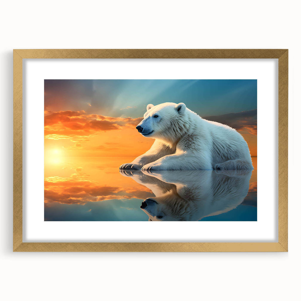 Framed polar bear wall art design in a gold frame, featuring a striking illustration of a polar bear against a snowy backdrop, ideal for nature enthusiasts.