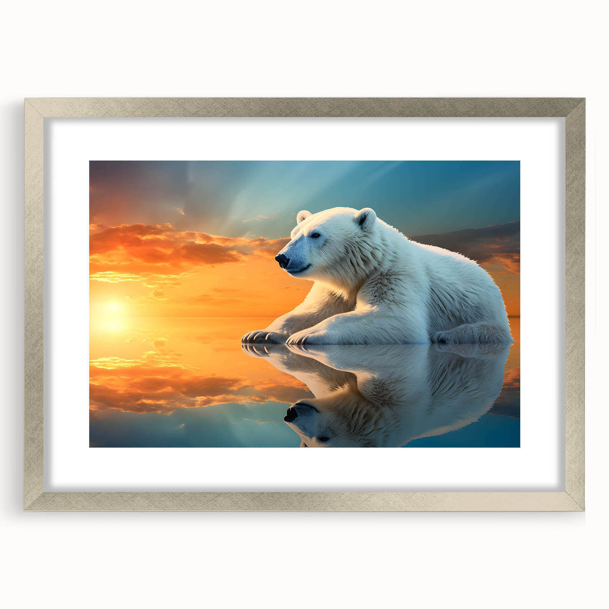 Polar bear wall art framed in silver, showcasing a striking design with a white bear against a soft background, perfect for nature-themed decor and conservation awareness.
