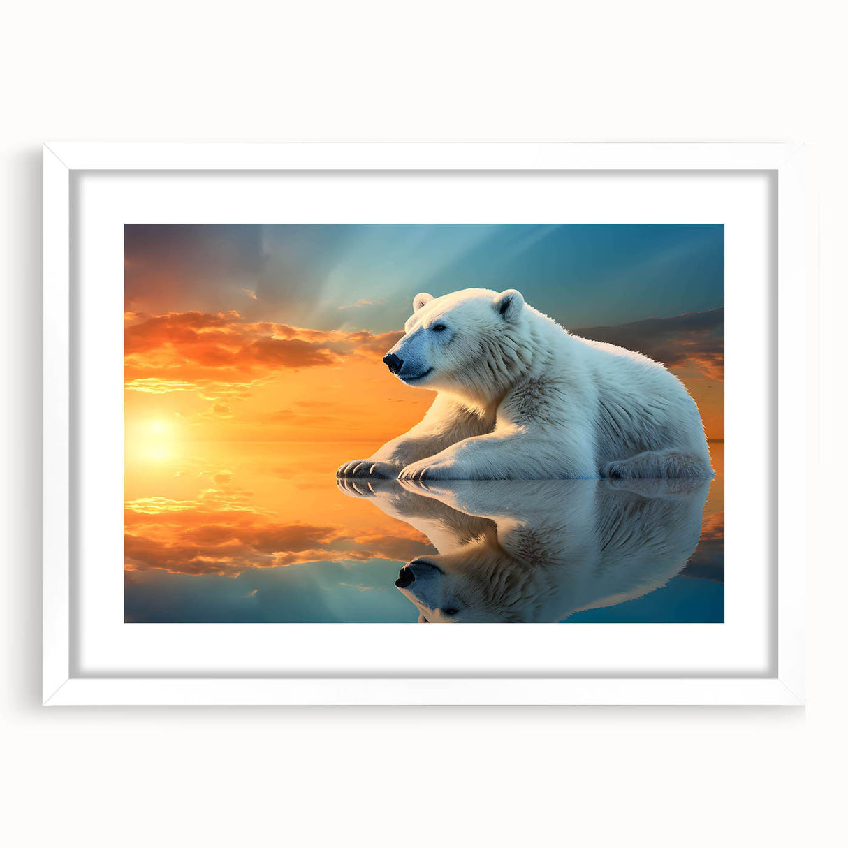 Polar bear wall art design in a white frame with matting, showcasing a striking front view of the artwork. Ideal for wildlife enthusiasts and modern decor.
