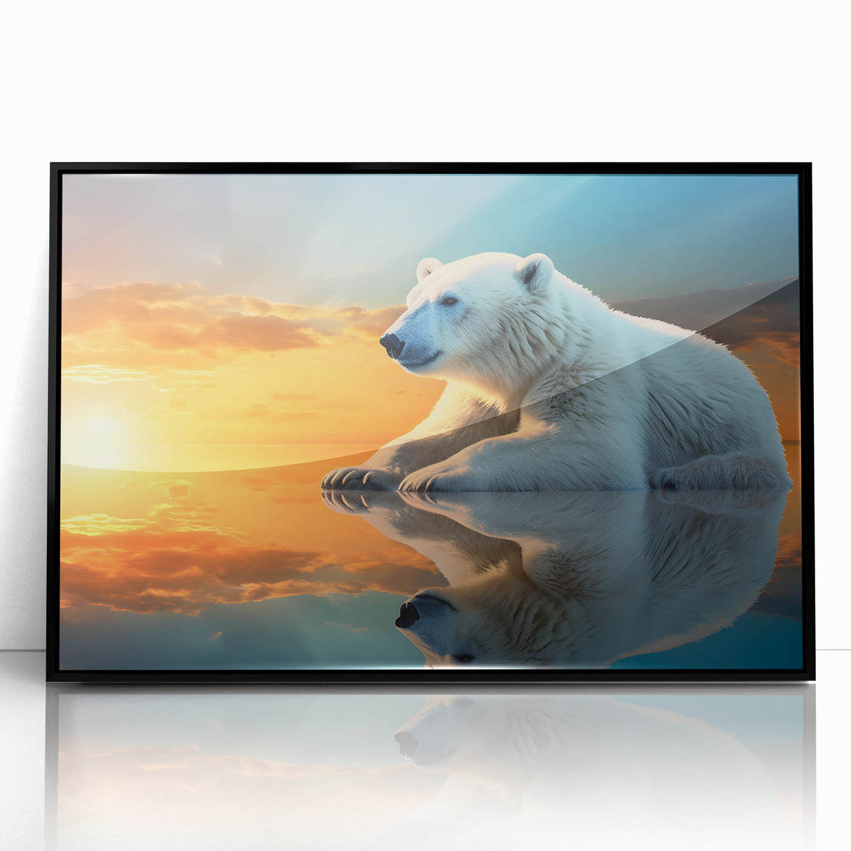 Framed wall art featuring a striking polar bear design in a black acrylic frame, showcasing intricate details and textures, perfect for wildlife enthusiasts and modern decor.