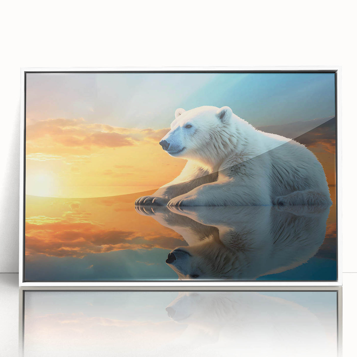 Framed polar bear wall art print in white acrylic frame, showcasing a striking design featuring a majestic polar bear against a minimalist background, ideal for nature-themed decor.