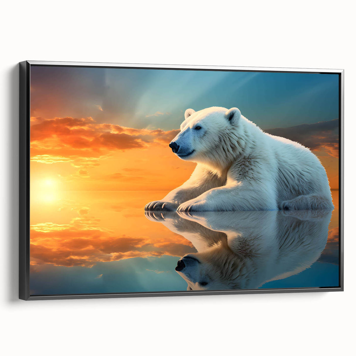 Framed canvas wall art featuring a polar bear design, displayed from a black side view, showcasing its detailed texture and vibrant colors, perfect for wildlife decor.