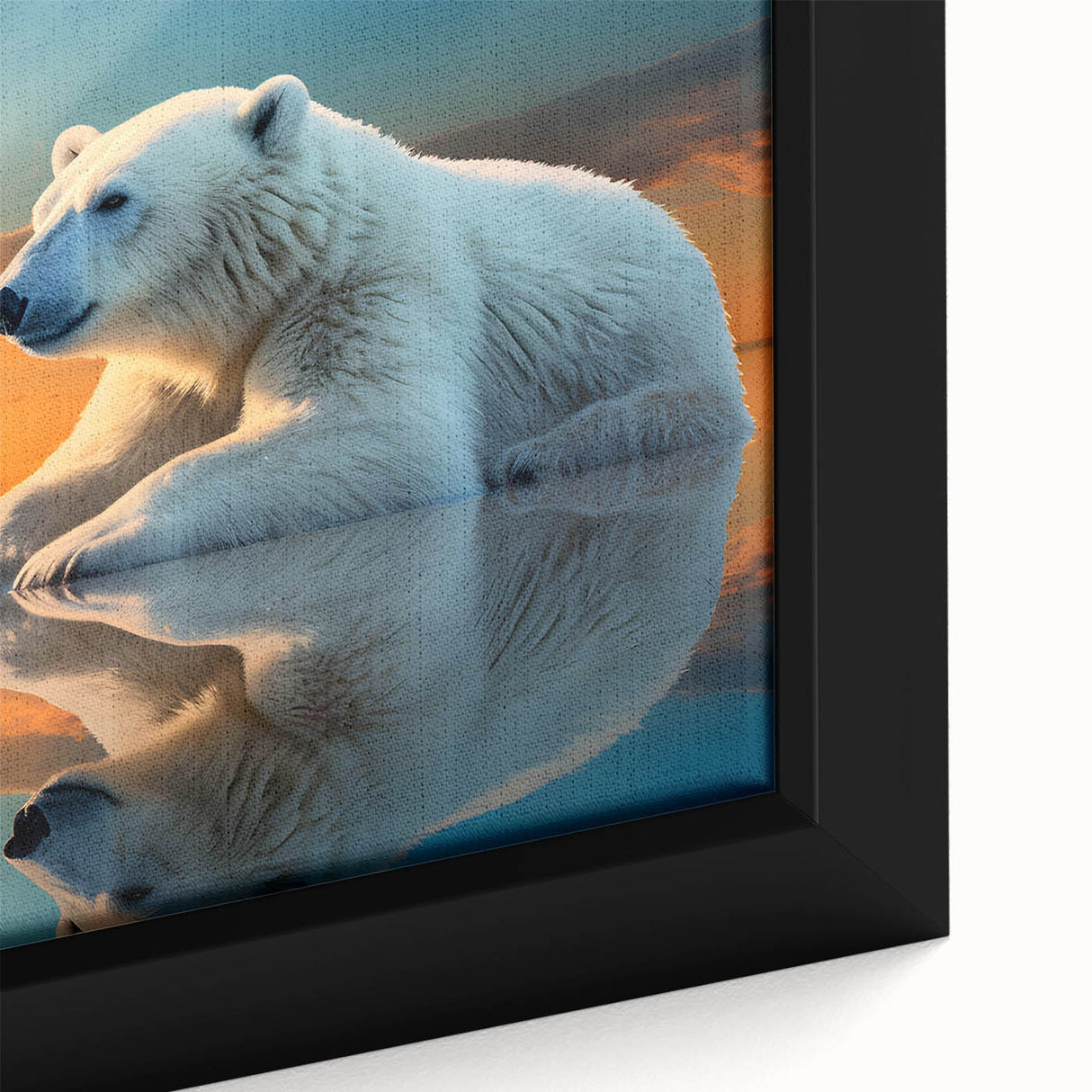 Close-up of a framed polar bear wall art piece showcasing intricate details of the bear's fur and striking white and grey colors, ideal for wildlife-themed decor.