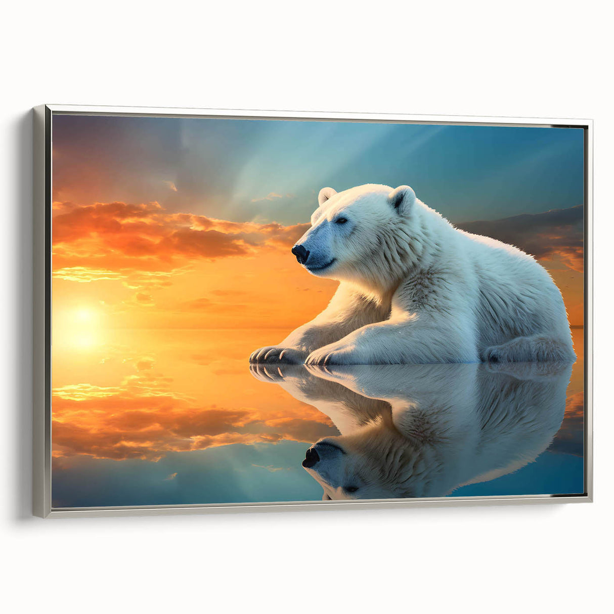 Framed canvas wall art showcasing a striking polar bear design in silver tones, enhancing modern decor with an elegant side view display, perfect for animal lovers.