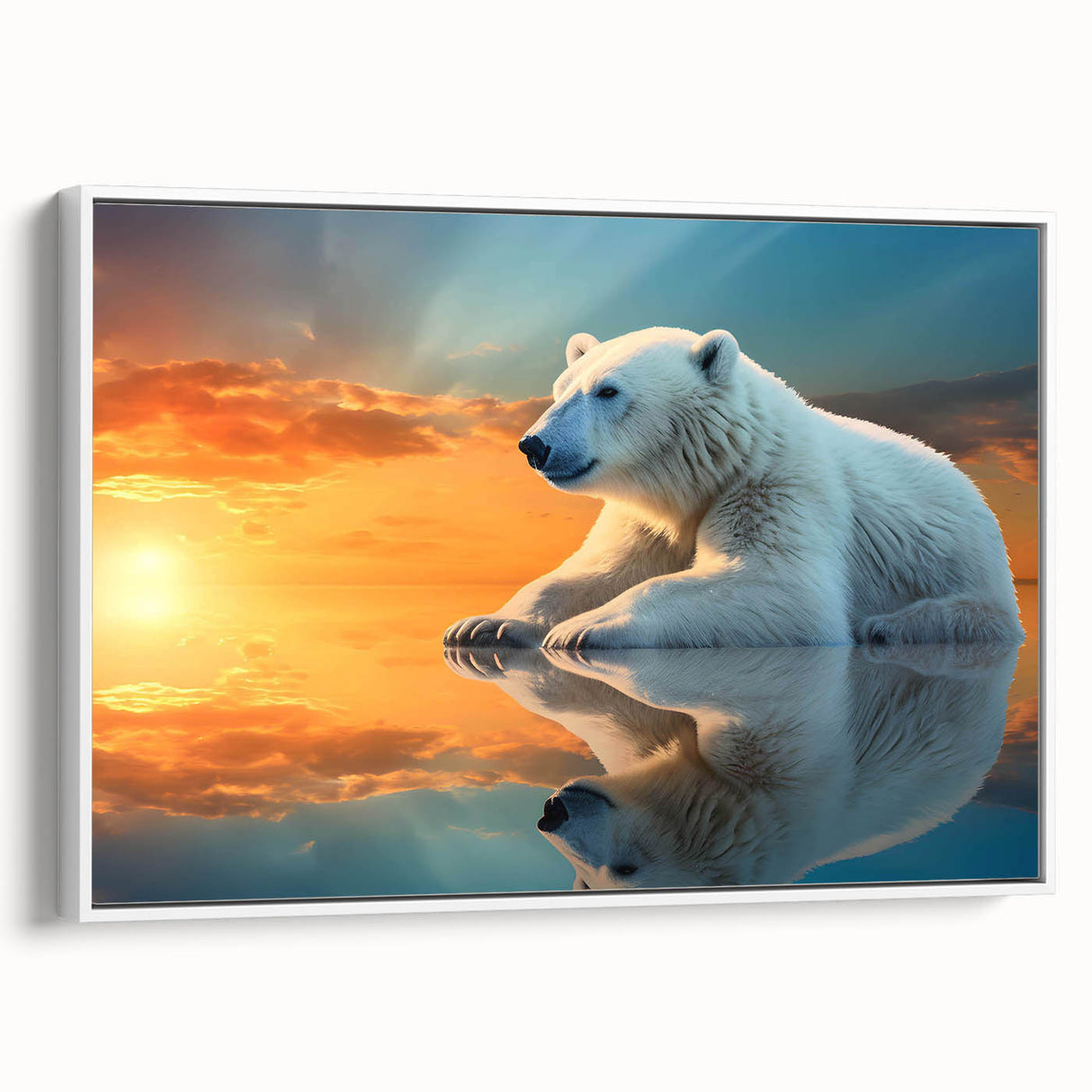 Framed canvas wall art showcasing a polar bear design in a white frame, viewed from the side, perfect for wildlife-themed decor. Ideal for modern interiors.