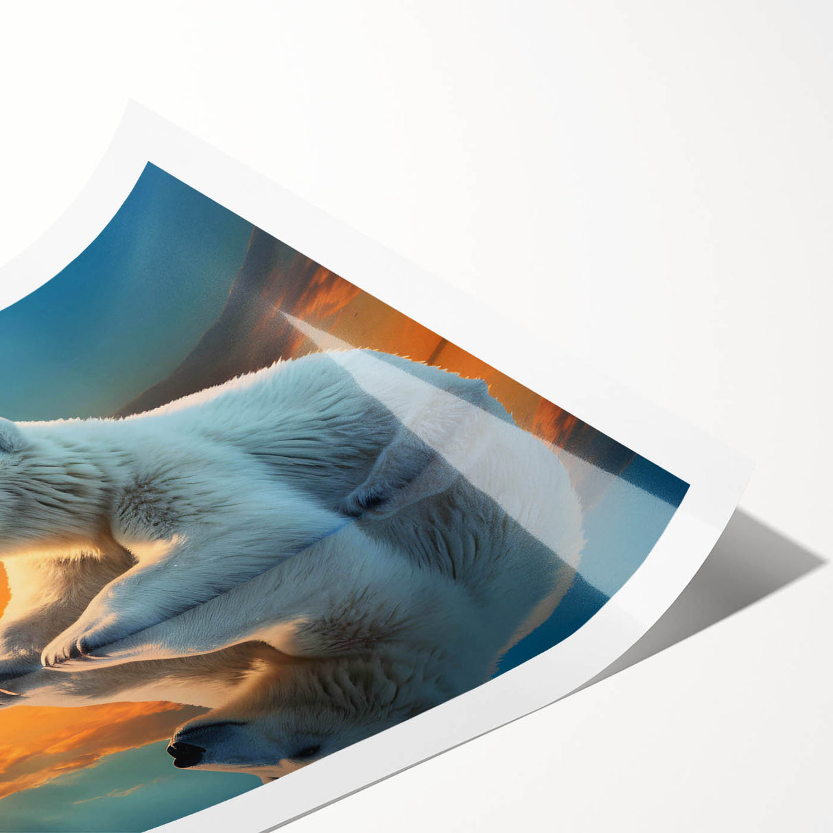 Polar bear wall art print showcasing a striking design with a snowy background, perfect for adding a touch of nature-inspired decor to homes or offices. The artwork captures the majestic beauty of polar bears in a vibrant color palette, ideal for wildlife enthusiasts and art collectors.