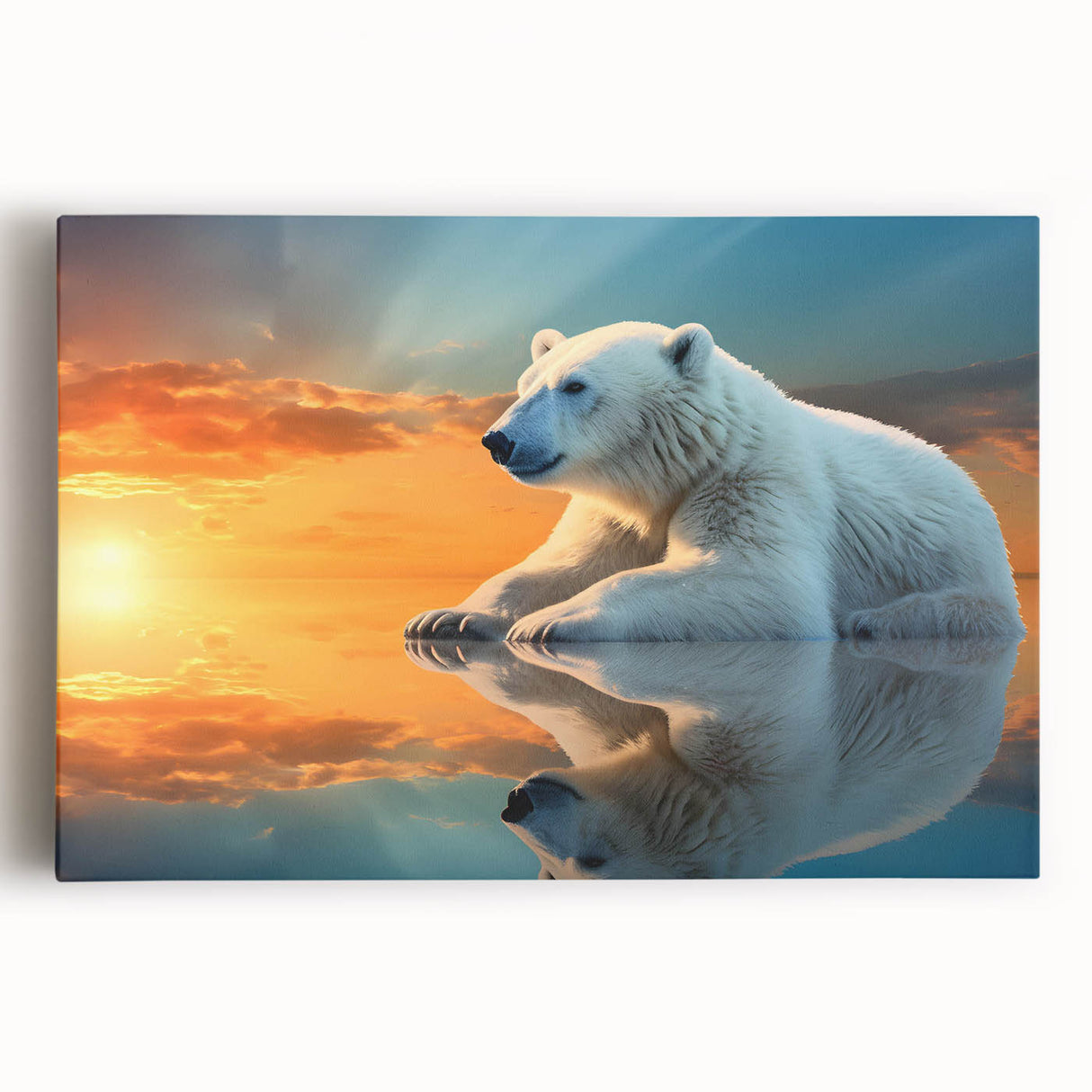 Polar bear wall art design on stretched canvas, showcasing a vibrant and detailed portrait of a polar bear against a serene snowy background, ideal for enhancing modern decor.