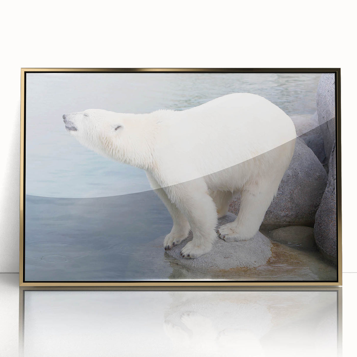 Framed wall art featuring a polar bear design with a striking gold-acrylic front, showcasing a modern aesthetic perfect for wildlife enthusiasts and home decor.