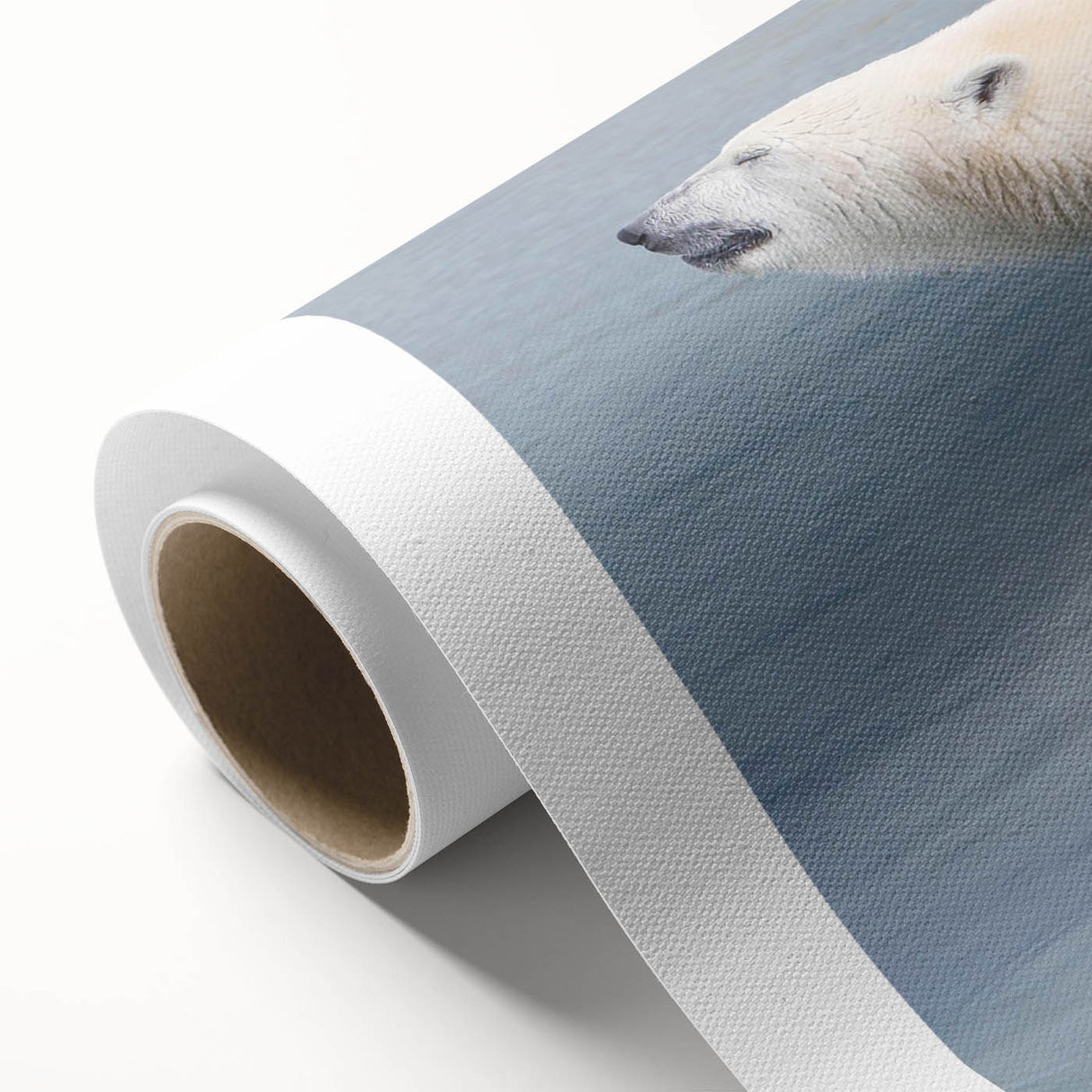Rolled canvas depicting a vibrant polar bear design in a snowy landscape, showcasing intricate details and textures, perfect for modern home decor.
