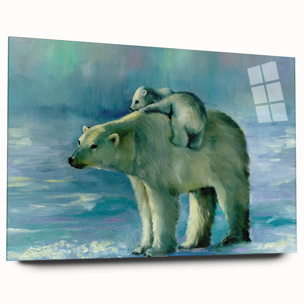 Elegant polar bear wall art design in a sleek acrylic glass frame, showcasing a side view of the serene Arctic wildlife, perfect for enhancing modern interiors.