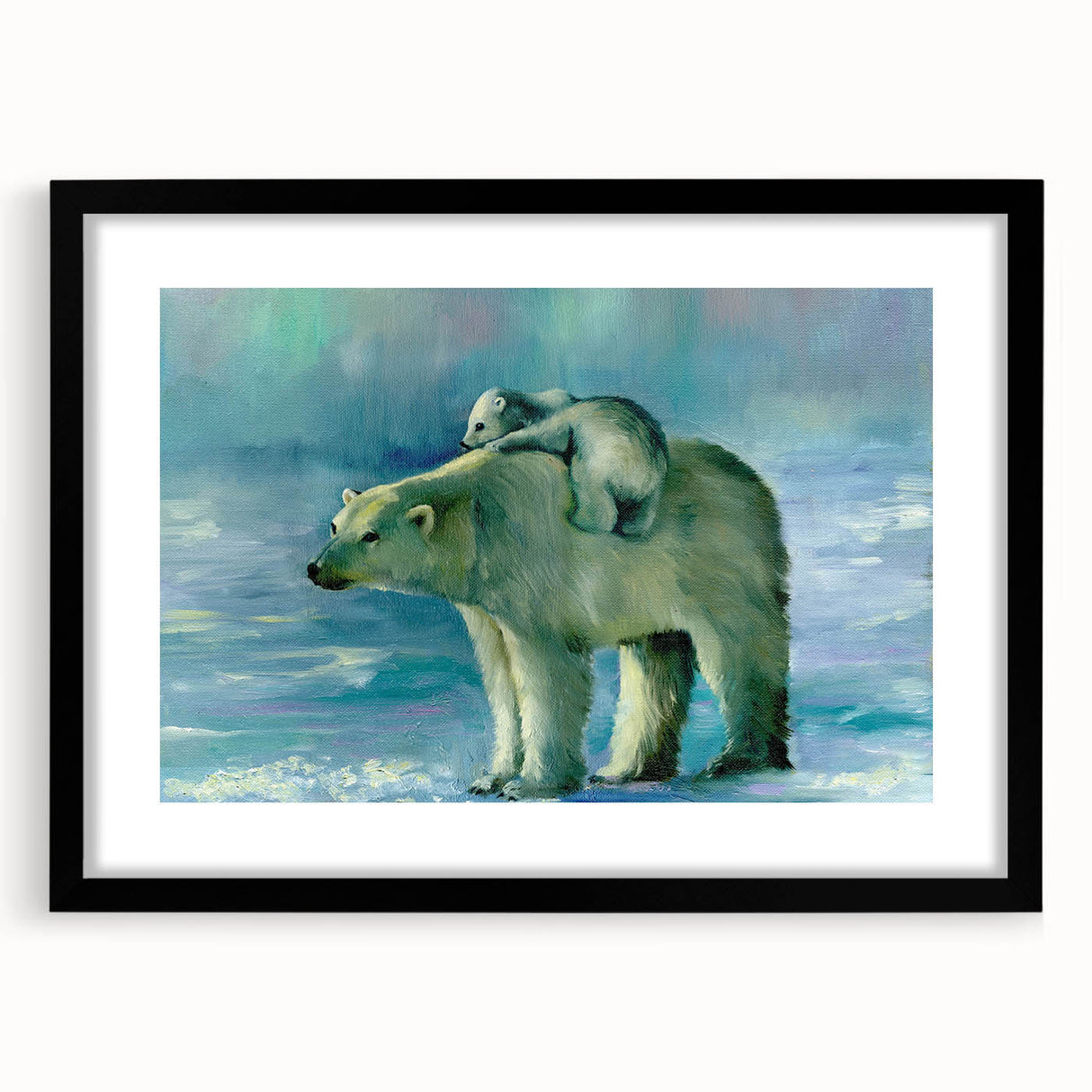 Polar bear wall art design in a sleek black frame, showcasing a majestic polar bear against a minimalist background, perfect for home decor enthusiasts.